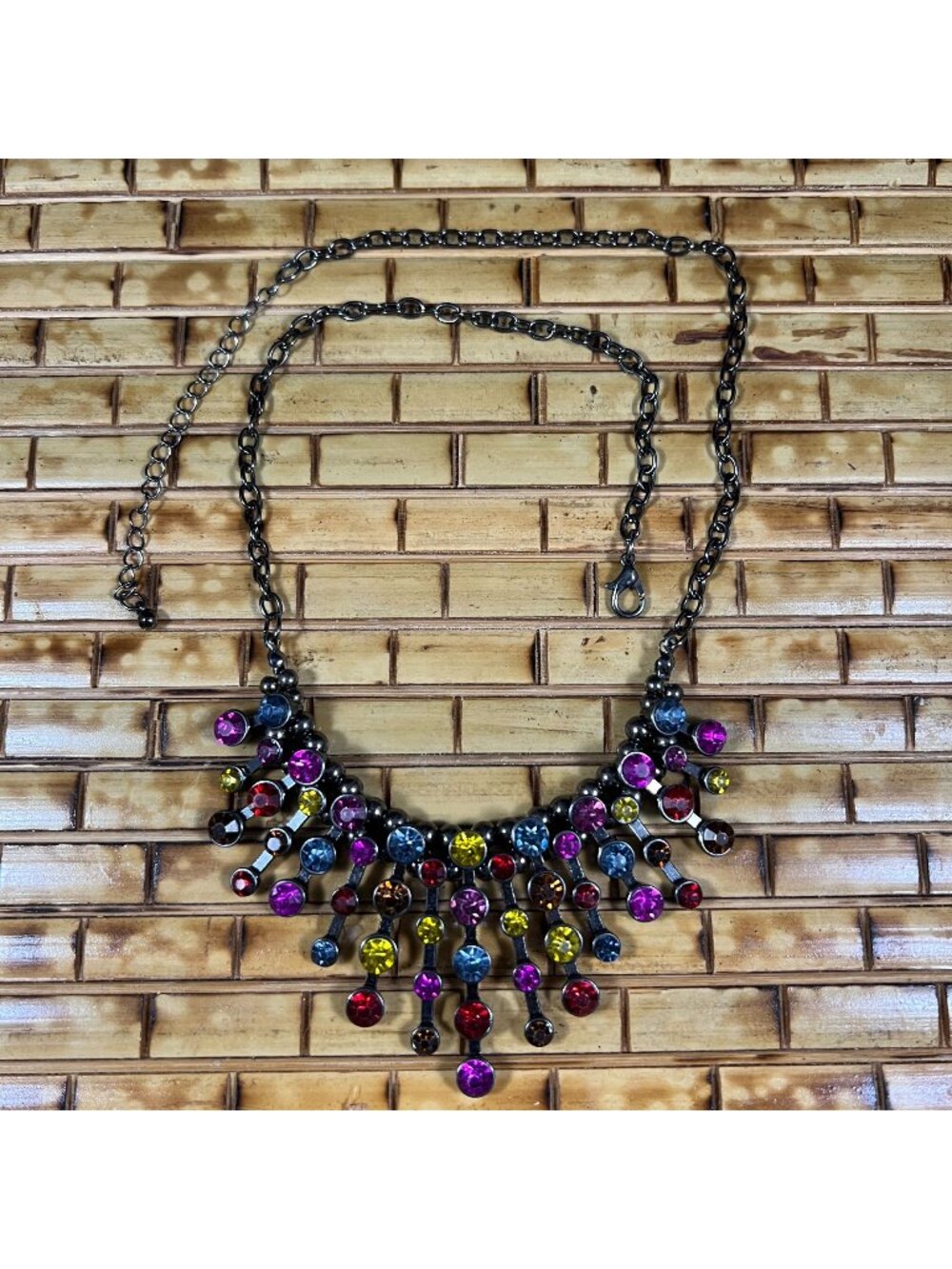 Colorful Statement Necklace With Multi-Colored Rhinestones & Adjustable Chain
